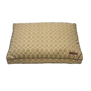 Outdoor dog bed shown in Soleil fabric